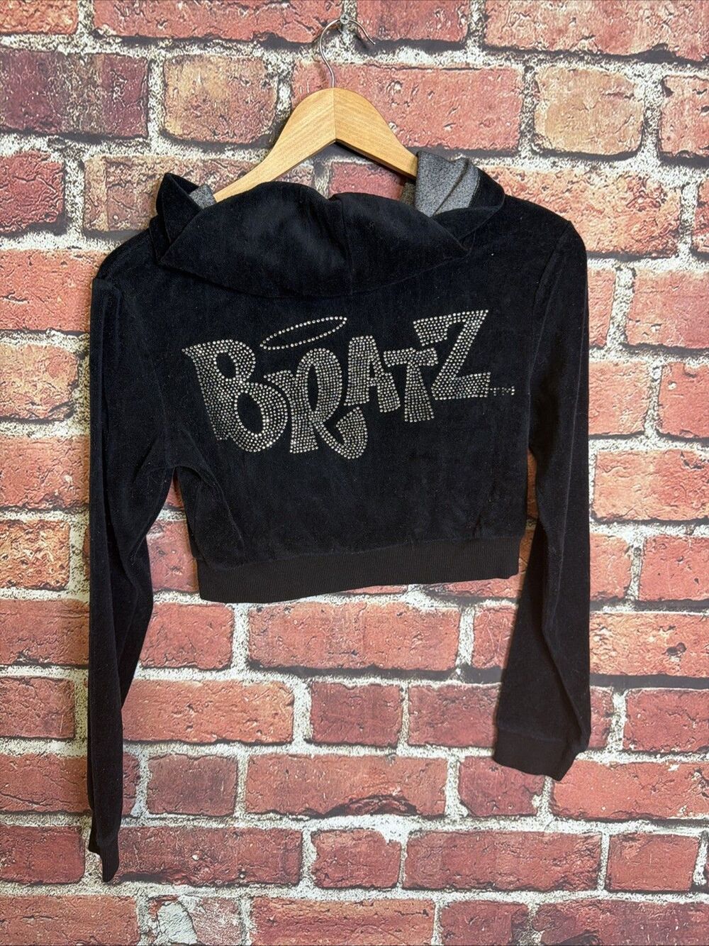 Dolls Kill x Bratz Black Velour Rhinestone Cropped Zip Up Hoodie Small Y2K